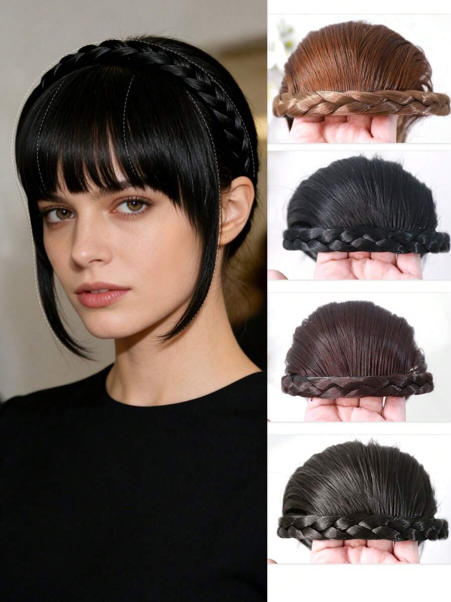 8-Inch Black Brown 3-Strand Braided Wig With Bangs, High-Quality Synthetic Fiber Hair, Suitable For Women To Wear On Various Occasions, Both Casual And Party