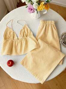 2 piezas Conjunto casual de vacaciones con rayas tejidas amarillas para mujer, /verano - Amarillo 2 - Ver 2