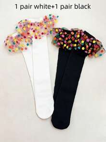 1/3 Pairs Colorful Rainbow Polka Dot Tulle Lace Trim Girls Socks, Black, White, Soft & Comfortable Knee-High Socks, Fashionable & Cute, Suitable For Dancing, Party, Daily Wear, Fits Ages 2-12, Holiday Gift - Multicolor - View 14