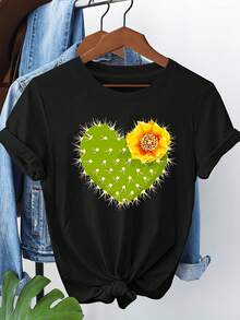 Camiseta de mujer, camiseta unisex de manga corta, con diseño de flor de cactus en forma de corazón, perfecta para usar en primavera y verano. Esta camiseta de cuello redondo es una prenda casual versátil, ideal para fiestas de música, vacaciones y uso diario, y es un excelente regalo para el Día de la Madre. Informal. - Negro - Ver 1