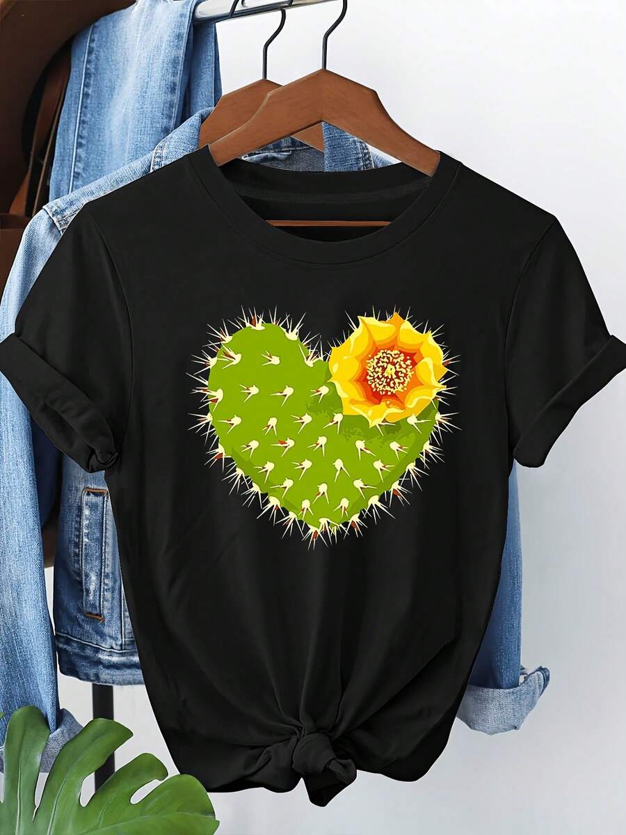 Camiseta de mujer, camiseta unisex de manga corta, con diseño de flor de cactus en forma de corazón, perfecta para usar en primavera y verano. Esta camiseta de cuello redondo es una prenda casual versátil, ideal para fiestas de música, vacaciones y uso diario, y es un excelente regalo para el Día de la Madre. Informal. - Negro - Ver 1