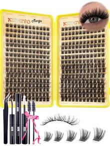 Bộ nối mi giả tự nhiên, nhẹ, mềm mại, độ dài hỗn hợp 8-15mm, 384/336 sợi, kiểu uốn cong chữ C, bộ tự làm mi giả, mi giả dạng chùm dày, bộ dụng cụ nối mi, bộ nối mi giả dạng chùm tinh tế, kèm keo dán mi. - Nhiều màu - Xem 10
