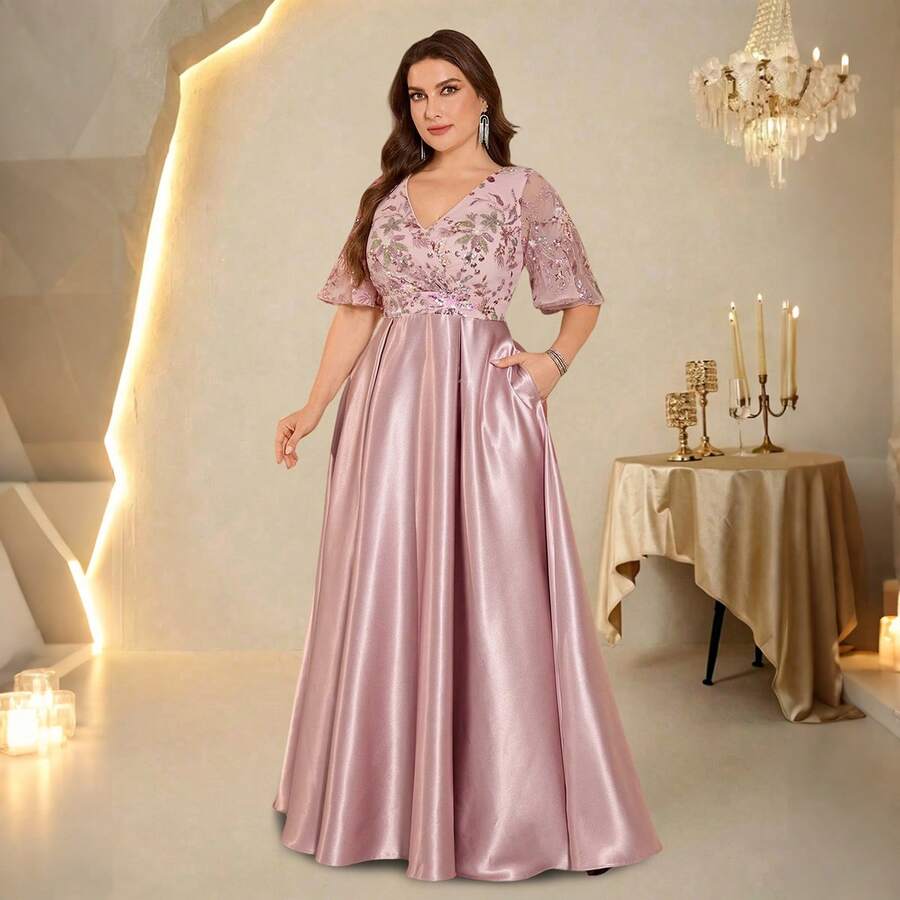 BluePlum Đầm satin dáng chữ A tay ngắn cổ chữ V, thêu sequin nhiều màu sắc, có túi, dáng ôm, thích hợp cho dạ hội, tiệc cocktail, đám cưới, kỷ niệm, sự kiện trang trọng gia đình, tiệc cô dâu, sinh nhật, đầm dạ hội sang trọng dành cho mẹ cô dâu, màu hồng. - Hồng - Xem 1