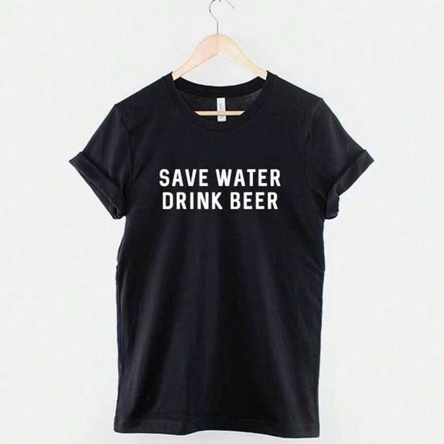 Women Pure Cotton T Shirt Save Water Drink Beer Funny Graphic Tee Elegant Casual Summer Wear Y2k Style High Quality Summer Clothing Party Outfit Statement Top For Beer Lovers Fun Humor Design - 黑色 - 查看 1