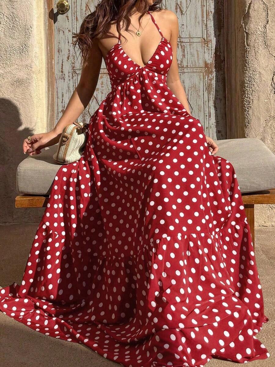 xheSunnyshic Vestido maxi con escote en V profundo, cuello halter, espalda descubierta y cintura con lazo, con lunares negros, estilo sexy y elegante europeo y americano, adecuado para primavera/verano y vacaciones en la playaxhe - Multicolor 2 - Ver 1