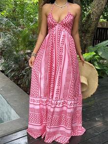 Vestido maxi con escote en V profundo, cuello halter, espalda descubierta y cintura con lazo, con lunares negros, estilo sexy y elegante europeo y americano, adecuado para primavera/verano y vacaciones en la playa - Rosa 2 - Ver 3