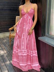 Vestido maxi con escote en V profundo, cuello halter, espalda descubierta y cintura con lazo, con lunares negros, estilo sexy y elegante europeo y americano, adecuado para primavera/verano y vacaciones en la playa - Rosa 2 - Ver 5