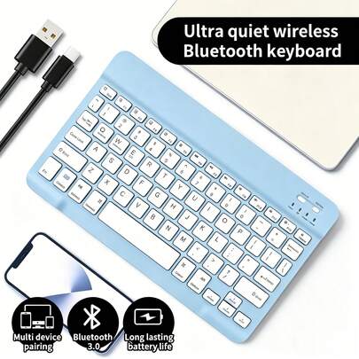 Teclado Bluetooth recargable ultra delgado de 10 pulgadas, compatible con Android/iOS/Windows - Escritura silenciosa, conector inalámbrico de bajo consumo, tipo - (sin adaptador incluido), compatible con iPad, teléfono, tableta, computadora portátil
