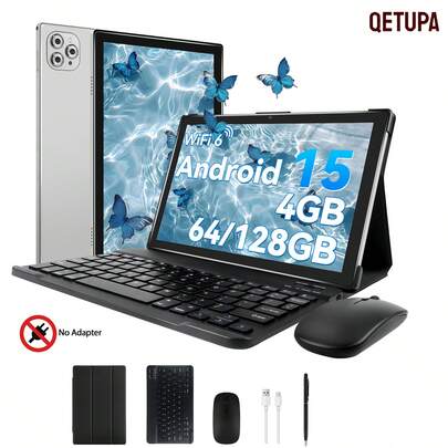 Qetupa 10.1-Inch Android 15 Tablet PC, 4GB RAM + 64GB/128GB ROM, MTK 8788 Octa-Core 2.0GHz Processor, 5MP Front Camera And 13MP Rear Camera, 6000mAh Large Battery, HD (1280x800) IPS Touchscreen, Bluetooth 5.4 And 802.11ax WiFi 6, No SIM Card Slot, Includes Keyboard, Mouse, Protective Case, Stylus Pen, Type-C Data Cable (No Adapter)