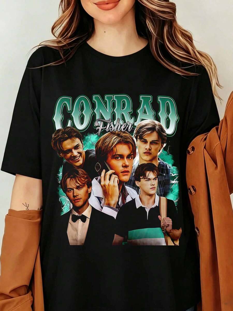 Conrad Fisher The Summer I Turned Pretty Graphic T-Shirt Christopher Briney Vintage 90s Bootleg Print Black Oversized Cotton Tee Men Women Streetwear Top, Summer Romance Shirt, Cousins Beach Shirt, TSITP Conrad Fisher Shirt, Team Conrad Shirt - Black - View 1
