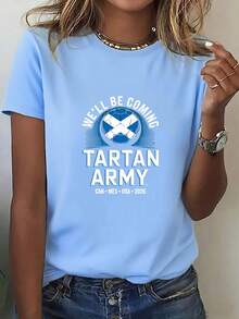 Women's Printed Crew Neck T-Shirt, USA-Mexico Clothing Series, Fan Support Style With Army Tartan Print, Creating An Atmosphere And Style For Watching Games. Clothing For Football Enthusiasts, Cheerleading Outfit. New Comfortable Short Sleeve T-Shirt For Spring/Summer - 藍天 - 查看 7
