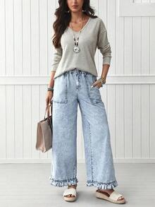 Pantalones vaqueros de pierna ancha con cintura elástica y bajo con volantes para mujeres - Lavado ligero - Ver 7