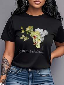 T-Shirt With Orchid Print, Short Sleeves And Round Neck, Women's Clothing, Modern And Elegant, Versatile For Casual Daily Wear, At Home, Outings, Dates And As A Gift, Pure Cotton T-Shirt With Print For Women. - 黑色 - 查看 7