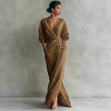 DAILY DOSE 2026 New Elegant Solid Color V Neck Long Sleeve Slit Waist Pocket Midi Dress For Women Chic European And American Style Party Casual Bodycon Maxi Dress With Side Slits, Girls' Gifts - 白色 - 查看 4