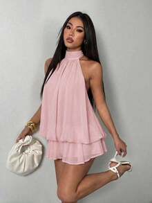 Vestido mini elegante de mujer con escote halter y lazo en color beige - Rosa - Ver 7