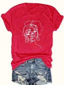 Talla Grande, Blusa Casual de Manga Corta con Estampado y Cuello Redondo, para Verano y Primavera, Ropa de Talla Grande para Mujer - Rojo - Ver 6