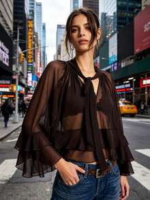 Women's Sheer Ruffled Cape Tops Fashionable Solid Color Mock Neck Long Sleeve Blouse - Brown - View 3