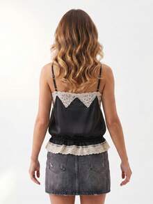 Women's Satin Summer Slim Camisole Spaghetti Strap Lace Patchwork Tank Tops With Adjustable Drawstring Waist - Black - View 6