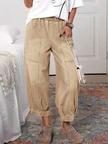 Pantalones vaqueros casuales de mujer con cintura con cordón y lavado vintage, pantalones casuales de mujer, pantalones de verano de mujer con cintura elástica, pantalones de mujer con bolsillos, pantalones caqui de mujer - Caqui - Ver 1