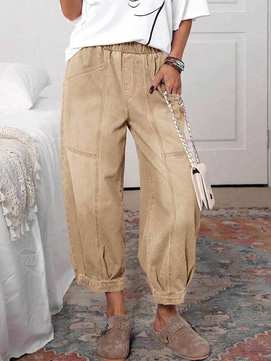Pantalones vaqueros casuales de mujer con cintura con cordón y lavado vintage, pantalones casuales de mujer, pantalones de verano de mujer con cintura elástica, pantalones de mujer con bolsillos, pantalones caqui de mujer - Caqui - Ver 1
