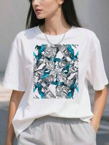 1 pieza Camiseta de punto de manga corta con cuello redondo, diseño de arte abstracto moderno en azul pico realce y blanco, holgada, 100% algodón, 180g. - Blanco - Ver 3