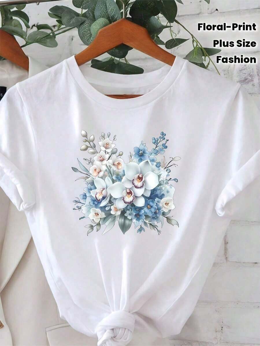 Clásica - Una camiseta de cuello redondo elegante e informal para mujer, con un suave estampado floral, perfecta para primavera y verano. Ideal para el uso diario, ir de compras, reuniones y desplazamientos, ofrece versatilidad y elegancia. Éxito de . - Blanco - Ver 1