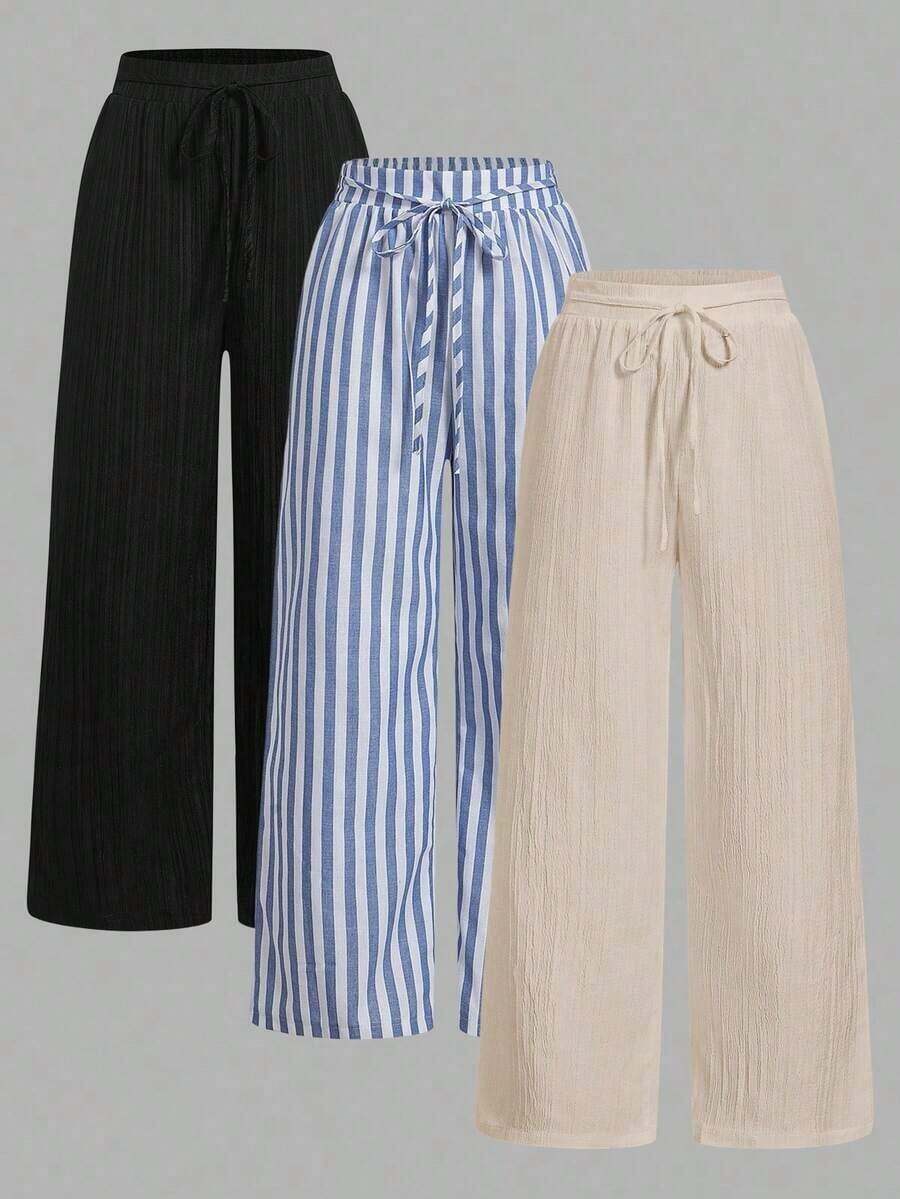 Set de 3 pantalones casuales de mujer con estilo náutico a rayas blancas y negras, con cintura ajustable y bolsillos, de pierna recta, adecuados para vacaciones de verano - Multicolor 2 - Ver 1