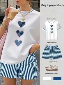 Conjunto de 2 piezas de camiseta de manga corta y pantalones cortos con estampado de corazones y rayas, para uso casual y de vacaciones de mujer - Azul - Ver 6