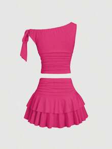 Conjunto de top de tirantes y minifalda plisada y con decoración de flores metálicas para mujer, ideal para el verano - Rosa Fucsia - Ver 4