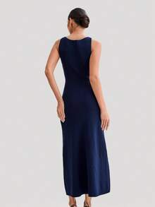 New Collection Sleeveless Fitted Knit Dress With Round Neck - Blue - View 4