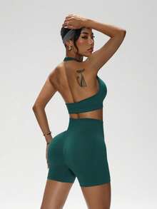 Women's Summer Short Elastic Camisole, Solid Color Versatile Spaghetti Strap Casual Tank Top Sports - Green - View 4