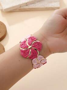 1pc Raffia Flower Open Bangle Bracelet, Contrasting Metal Flower Holder, Niche Accessory, Suitable For Beach Vacation, Summer Party, Gathering With Friends, Daily Wear, Vacation Style / Energetic Style / Retro Style - Plum Red - View 8