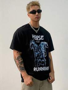 Camiseta negra de verano con estampado abstracto de animales y letras para hombre, estilo vintage urbano, unisex, holgada, de algodón, manga corta, cuello redondo. - Negro - Ver 9