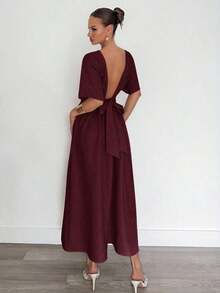 Vestido casual de mujer de manga de murciélago, espalda descubierta, cintura con lazo, largo medio, para verano - Burdeos - Ver 8