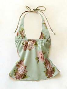 Blusa elegante y romántica con patrón floral retro, decorada con diamante de imitación, de cuello halter y corte evasé para mujeres - Multicolor 2 - Ver 2