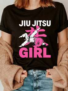Camiseta de Jiu-Jitsu para mujer, estampado de artes marciales de manga corta, ropa casual de 100% algodón para entusiastas de Brazilian Jiu-Jitsu - Negro - Ver 2