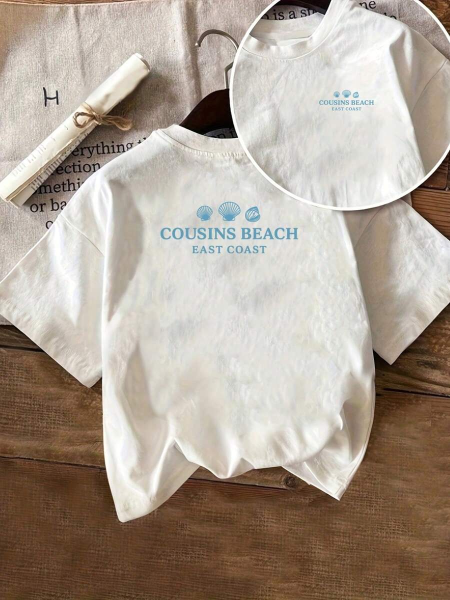 Camiseta de Mujer con Estampado de Conchas Marinas - Diseño de Conchas Marinas en la Parte Delantera y Trasera, Manga Corta, Cuello Redondo, Blusa Casual de Verano con Gráfico de Cousins Beach, Ropa Casual Cómoda para la Playa (Lavable a Máquina), Esencial para el Guardarropa de Primavera, Verano y Otoño, Camiseta Y2k - Negro - Ver 1