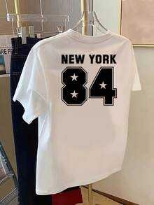Camiseta Gráfica New York 84 para Mujer - Manga Corta, Cuello Redondo, Estilo Casual con Estampado de Lema Icónico, Ropa Casual Cómoda para Primavera, Verano y Otoño, Lavable a Máquina, Camiseta Y2k de Nueva York - Negro - Ver 2