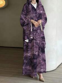 女士时尚印花休闲睡袍，优雅睡袍，适合日常休闲、旅行、假日、度假或派对场合。 - 紫色 - 查看 1