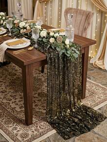 1pc Black Gold Sequin Table Runner,Broken Gold Gauze,Polyester Rectangular Sparkling Tablecloth,Wedding Table Runner,Birthday Babyshower Wedding Party Decoration,Halloween Party Decor,Happy Halloween Decorations For Home,Trick Or Treat Decor - Black Gold - View 4
