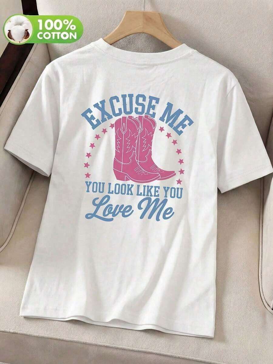 Camisetas Para Mujer Botas Vaqueras De Estilo Vintage Americano En PúRpura Y Rojo Con Estampado De Estrella Roja Y Camiseta De Manga Corta Con Cuello Redondo Con Estampado GráFico "EXCUSE ME / YOU LOOK LIKE YOU Love Me" En Azul Claro Y Rosa, Apta Para Primavera, Verano Y OtoñO, Conjunto De Vacaciones De Verano - Blanco - Ver 1