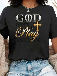 Women's ClassicGod Don't About Me T-Shirt, Oversized, Casual Summer Crew Neck Short Sleeve - Printed Design, Basic Short Sleeve Crew Neck T-Shirt | Sizes S-3XL | Soft And Breathable Fabric For Sports | Vacation Wear - Summer T-Shirt - 黑色 - 查看 7