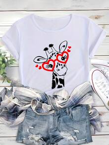 Women's Short-Sleeved Cotton T-Shirt With Cartoon Giraffe Print, Casual Streetwear For Shopping, Cute And  Style, Versatile T-Shirt With Heart-Eyed Giraffe Design For Summer Outings. - 白色 - 查看 6