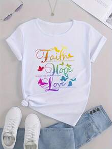 Camiseta de algodón de manga corta para mujer, con estampado degradado de Fe, Esperanza y Amor, cuello redondo, camiseta de manga corta, tops deportivos casuales, ropa de mujer. - Blanco - Ver 3