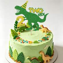 1 pièce/3 pièces Décoration de gâteau d'anniversaire en forme d'œuf de dinosaure, dinosaure vert et or pailleté - Multicolore - Voir 5
