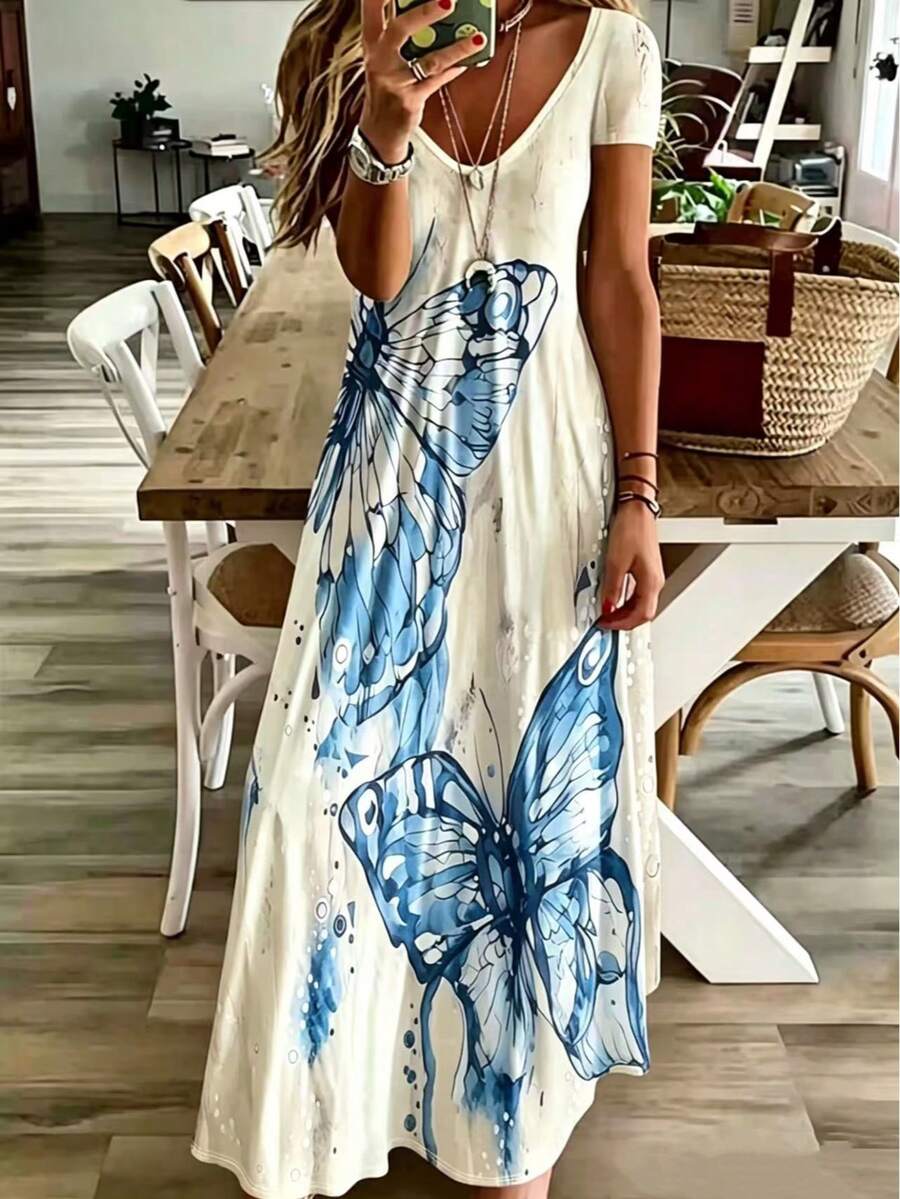 大码女式休闲不对称印花V领连衣裙,度假风优雅夏季装 - 藍色 - 查看 1