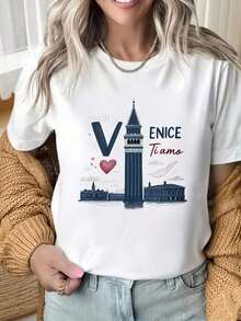 Camiseta de Mujer con Estampado Gráfico, Algodón Ligero, Verano, Cuello Redondo, Manga Corta, Camiseta 'Venice I Love You' con Diseño de Campanile y Paisaje Urbano para Mujer, Top Casual de Moda. Estampados Divertidos son Adecuados para Fiestas de Navidad, Actividades Deportivas, Fiestas de Vacaciones, Salidas, Deportes y Otros Regalos Festivos (220g).Oversize Camiseta Mujer Estampado 100% Algodón Puro - Blanco - Ver 5