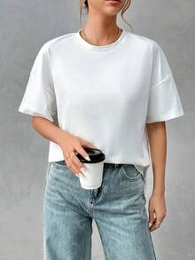 Camiseta holgada de estilo minimalista casual para mujer, con parte delantera corta y parte trasera larga, versátil para usar en la calle, adecuada para primavera y verano - Multicolor 3 - Ver 6