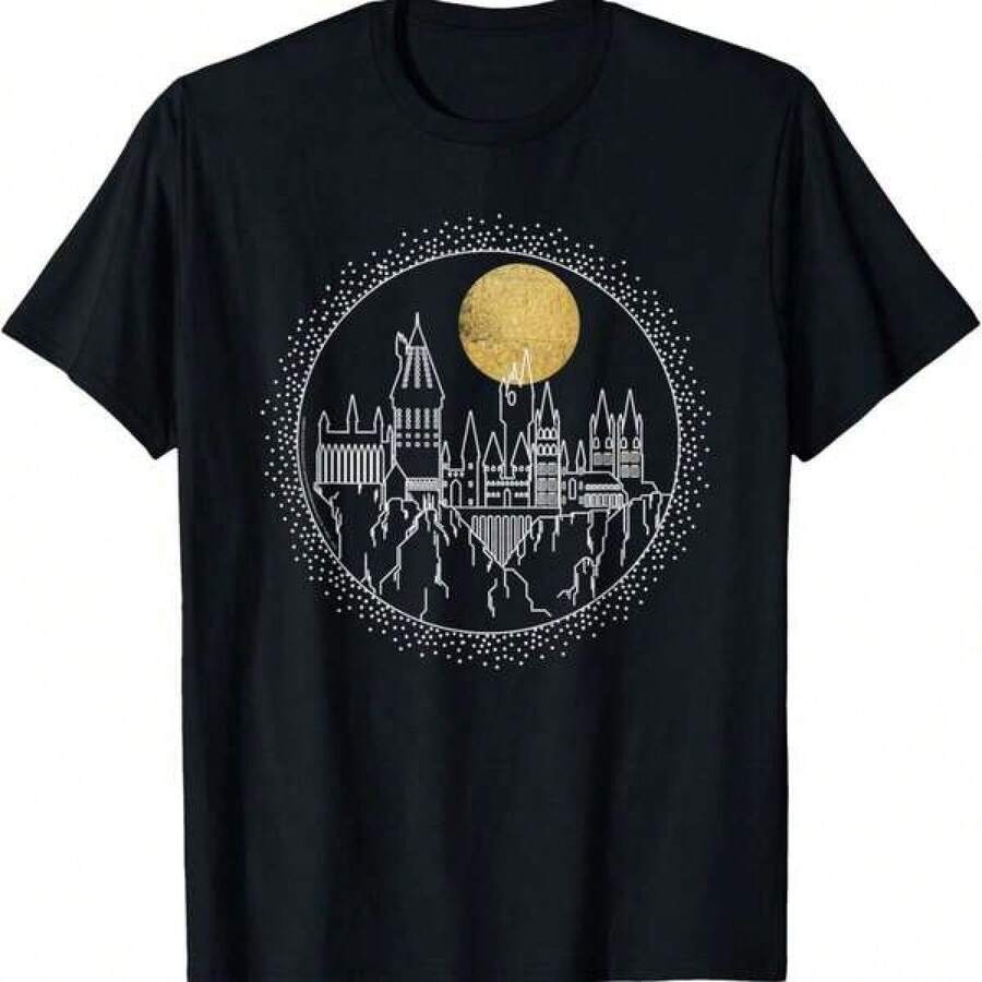 Full Moon Line Art T-shirt, konsertkläder, festivalkläder för kvinnor, T-shirt, sommarkläder, festkläder, streetstyle, kläder för varmt väder, semesterkläder, utomhuslek, vardagskläder, perfekt för fester och familjesemester. - Svart - Visa 1