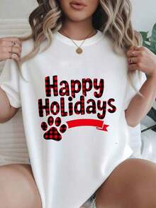 Camiseta Casual de Manga Corta para Mujer - Diseño de Cuadros Rojos con Estampado de Huellas de Mascota para Fiestas, Cuello Redondo, Top de Verano, Lavable a Máquina, Camisetas para Damas, Ropa Casual, Estilo Moderno, Ajuste Cómodo  
 -Blanco - Blanco - Ver 7